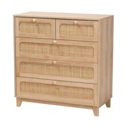 Elsbeth Wood And Natural Rattan 5 Drawer Storage Cabinet Oak Brown/Natural Brown - Baxton Studio