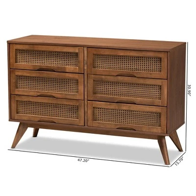 Barrett Wood And Synthetic Rattan 6 Drawer Dresser Walnut Brown - Baxton Studio 11 Barrett Wood And Synthetic Rattan 6 Drawer Dresser Walnut Brown - Baxton Studio - Image 9