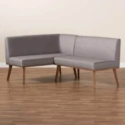 2pc Odessa Mid-Century Modern Fabric Upholstered Wood Dining Corner Sofa Bench Set Walnut/Brown/Gray - Baxton Studio -Home Furniture Shop-Baxton Studio GUEST ef9c5bab 5ce0 421f 8e26 1dee37c3255f