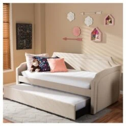 Parkson Modern And Contemporary Linen Fabric Curved Notched Corners Sofa Daybed With Roll - Out Trundle Guest Bed - Twin - Baxton Studio 21 Parkson Modern And Contemporary Linen Fabric Curved Notched Corners Sofa Daybed With Roll - Out Trundle Guest Bed - Twin - Baxton Studio -Home Furniture Shop-Baxton Studio GUEST f0acde84 61ca 448e b573 6757149594b9