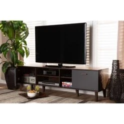 Moina Two-Tone Wood TV Stand For TVs Up To 70" Walnut/Gray - Baxton Studio -Home Furniture Shop-Baxton Studio GUEST f153bf04 5b17 486a 8282 867b595bdb41