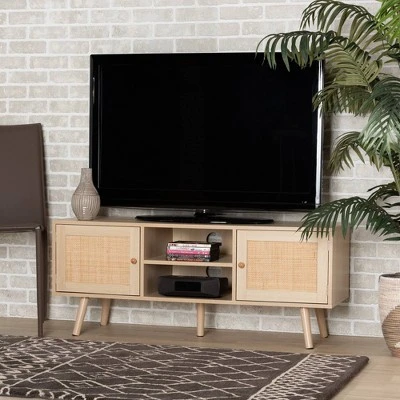 Sebille Wood With Natural Rattan 2 Door TV Stand For TVs Up To 45" Light Brown - Baxton Studio 9 Sebille Wood With Natural Rattan 2 Door TV Stand For TVs Up To 45" Light Brown - Baxton Studio - Image 7