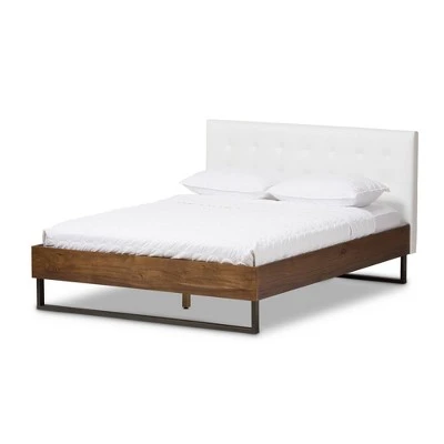 King Mitchell Rustic Industrial Walnut Wood And Faux Leather Metal Platform Bed White - Baxton Studio 3 King Mitchell Rustic Industrial Walnut Wood And Faux Leather Metal Platform Bed White - Baxton Studio