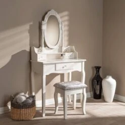2pc Veronique White Finished Wood Vanity Table With Mirror And Ottoman White - Baxton Studio 12 2pc Veronique White Finished Wood Vanity Table With Mirror And Ottoman White - Baxton Studio -Home Furniture Shop-Baxton Studio GUEST f863a476 0be8 4088 944d 7ddd20db8cfa