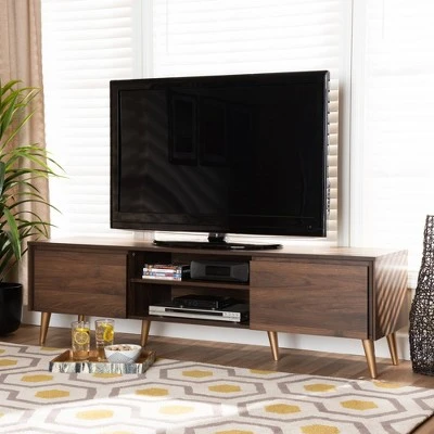 Landen Mid-Century Modern Wood TV Stand For TVs Up To 65" Walnut/Gold/Brown - Baxton Studio 8 Landen Mid-Century Modern Wood TV Stand For TVs Up To 65" Walnut/Gold/Brown - Baxton Studio - Image 6