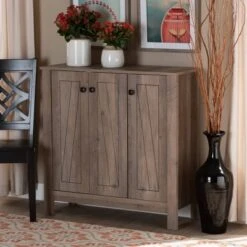 Derek Finished Wood 3 Door Shoe Cabinet Oak - Baxton Studio -Home Furniture Shop-Baxton Studio GUEST fa2d856a 9fcc 4768 8872 8e204b59bcf5