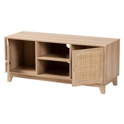 Elsbeth Wood And Natural Rattan 2 Door TV Stand For TVs Up To 40" Light Brown/Natural Brown - Baxton Studio 4 Elsbeth Wood And Natural Rattan 2 Door TV Stand For TVs Up To 40" Light Brown/Natural Brown - Baxton Studio - Image 2