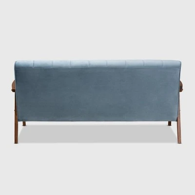 Asta Velvet Upholstered Wood Sofa Light Blue/Walnut - Baxton Studio 5 Asta Velvet Upholstered Wood Sofa Light Blue/Walnut - Baxton Studio - Image 3