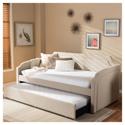 Parkson Modern And Contemporary Linen Fabric Curved Notched Corners Sofa Daybed With Roll - Out Trundle Guest Bed - Twin - Baxton Studio 7 Parkson Modern And Contemporary Linen Fabric Curved Notched Corners Sofa Daybed With Roll - Out Trundle Guest Bed - Twin - Baxton Studio - Image 5