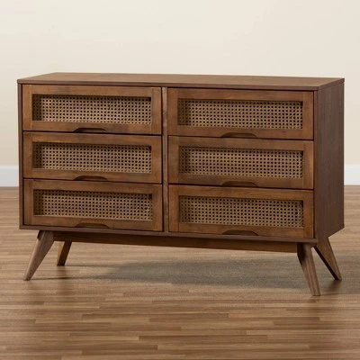 Barrett Wood And Synthetic Rattan 6 Drawer Dresser Walnut Brown - Baxton Studio 10 Barrett Wood And Synthetic Rattan 6 Drawer Dresser Walnut Brown - Baxton Studio - Image 8